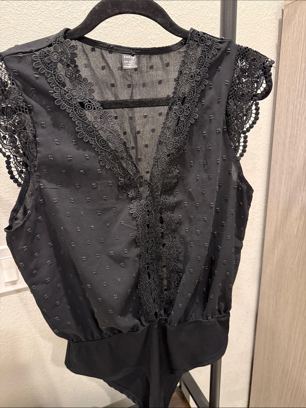 SHEIN Black Lace Trim Sheer Swiss Dot Bodysuit